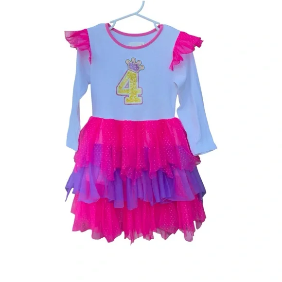 4th Birthday Party Princess Girl Dress with Long Sleeves - Picture 1 of 5